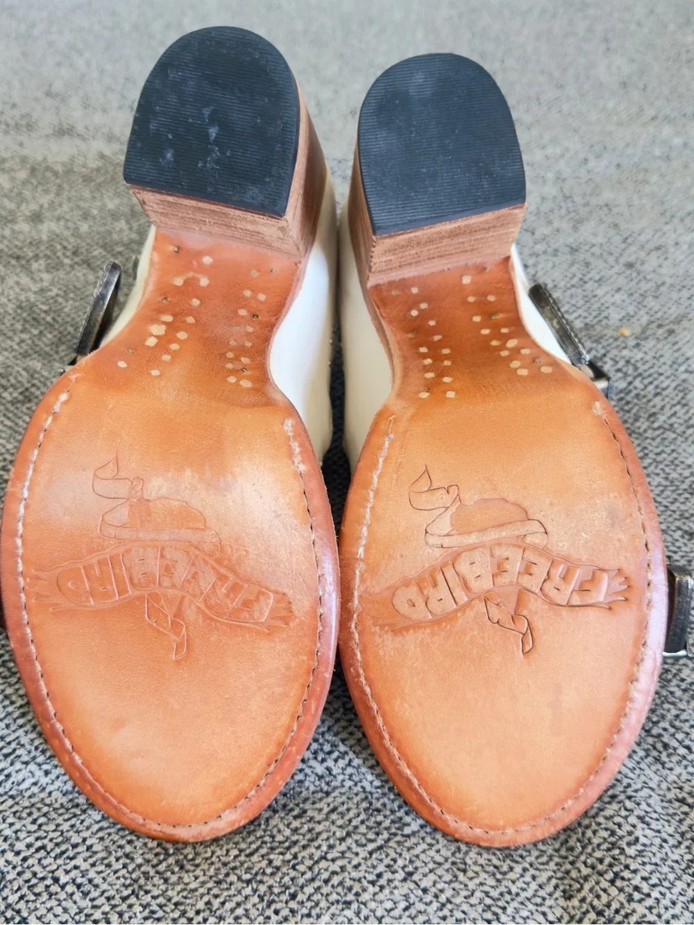 Freebird by Steven White and Tan Buckle Block Heel Sandals